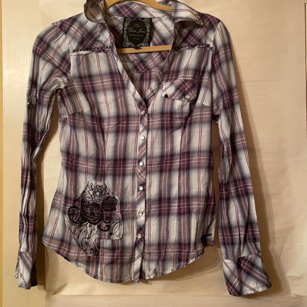 REDUCED PRICE Guess Jeans purple/grey plaid button down top